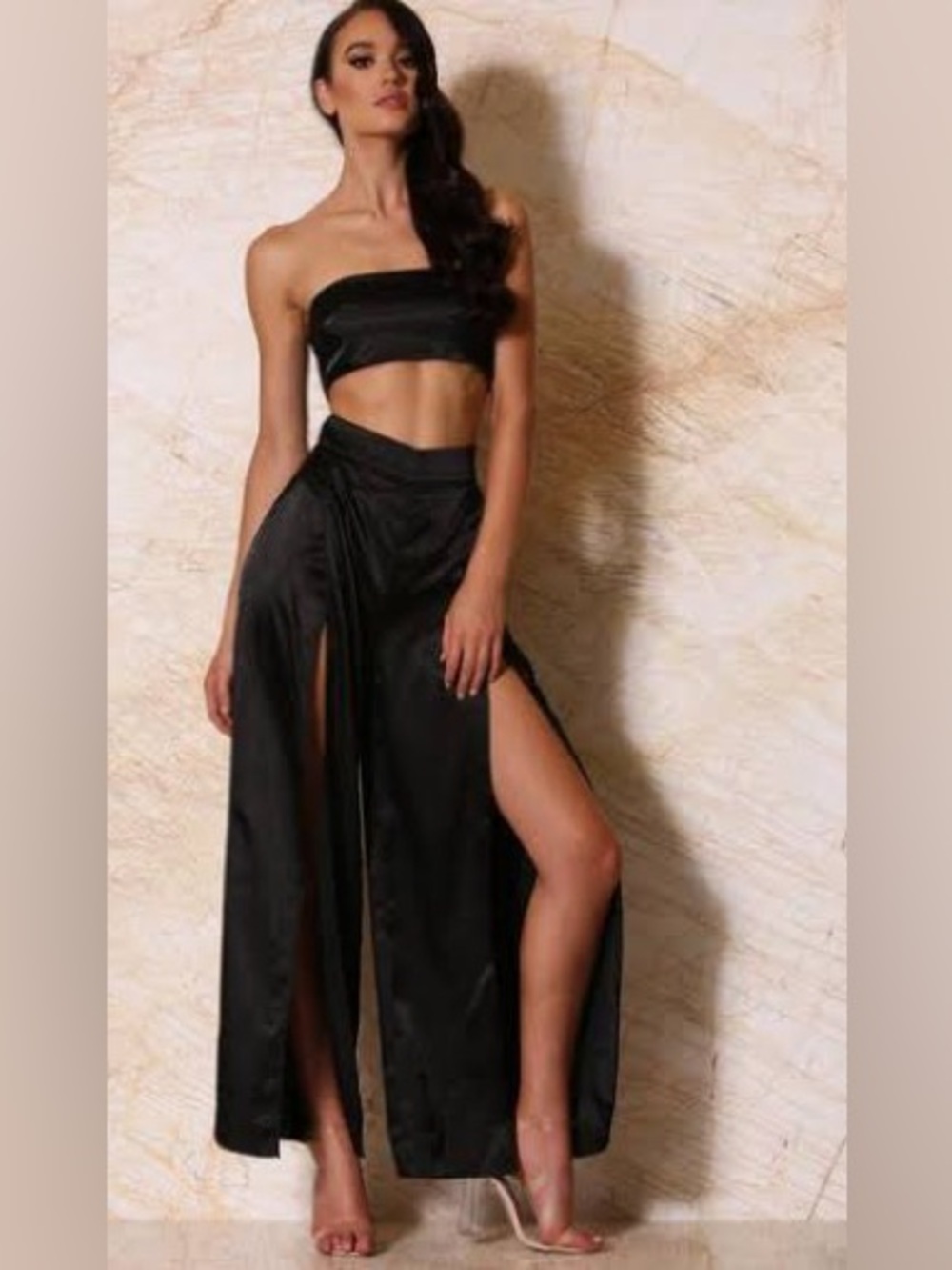 Meshki Jourdan Palazzo Wide Split Leg Satin Pants in Black Medium
